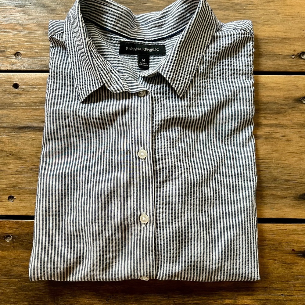 Banana Republic Black and White Striped Button Down Shirt
